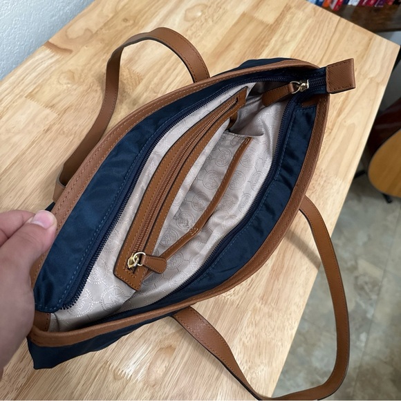 Michael Kors Kempton Nylon Satchel Tote Purse Shoulder Bag in Navy and Brown - Picture 10 of 13